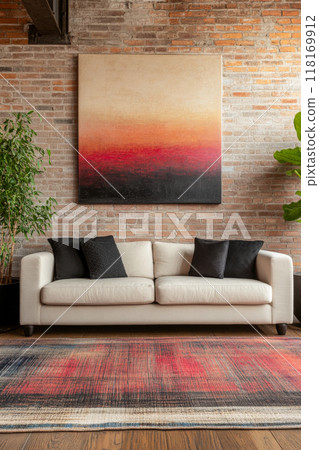 Modern loft apartment interiors with chic industrial design, artistic accents and cozy ambiance 118169912