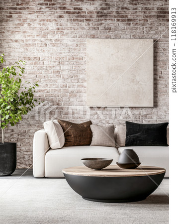 Modern loft apartment interiors with chic industrial design, artistic accents and cozy ambiance 118169913