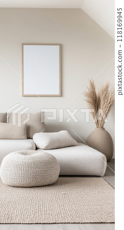 Scandinavian room interior design composition with a sofa, rug and a couch in soft tones Scandinavian room interior design composition with a sofa, rug and a couch in soft tones 118169945