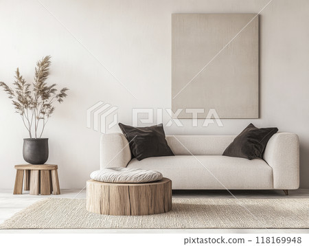 Scandinavian room interior design composition with a sofa, rug and a couch in soft tones 118169948