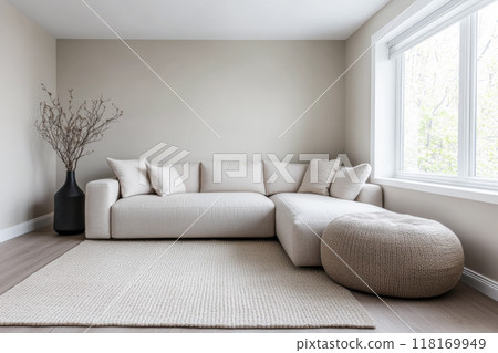 Scandinavian room interior design composition with a sofa, rug and a couch in soft tones 118169949
