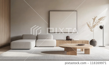 Minimalist living room interiors in neutral tones with natural lighting and elegant decor. Luxury interior design composition 118169971