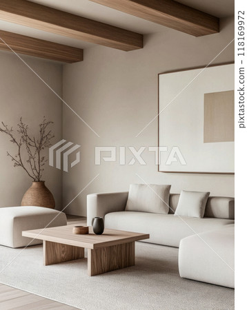 Minimalist living room interiors in neutral tones with natural lighting and elegant decor. Luxury interior design composition 118169972