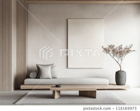 Minimalist living room interiors in neutral tones with natural lighting and elegant decor. Luxury interior design composition 118169973