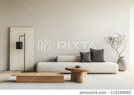 Minimalist living room interiors in neutral tones with natural lighting and elegant decor. Luxury interior design composition 118169980