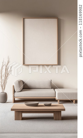 Minimalist living room interiors in neutral tones with natural lighting and elegant decor. Luxury interior design composition 118169982