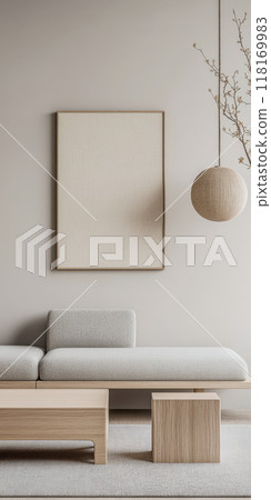 Minimalist living room interiors in neutral tones with natural lighting and elegant decor. Luxury interior design composition 118169983