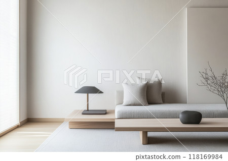 Minimalist living room interiors in neutral tones with natural lighting and elegant decor. Luxury interior design composition 118169984