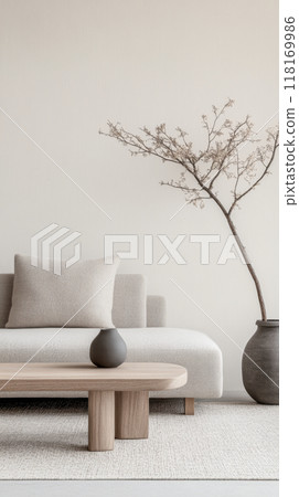 Minimalist living room interiors in neutral tones with natural lighting and elegant decor. Luxury interior design composition 118169986