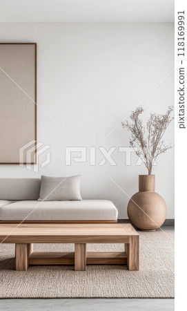 Minimalist living room interiors in neutral tones with natural lighting and elegant decor. Luxury interior design composition 118169991
