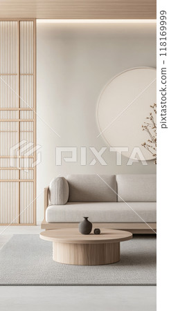 Minimalist living room interiors in neutral tones with natural lighting and elegant decor. Luxury interior design composition 118169999