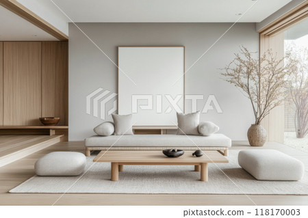 Minimalist living room interiors in neutral tones with natural lighting and elegant decor. Luxury interior design composition Minimalist living room interiors in neutral tones with natural lighting and elegant decor. Luxury interior design composition 118170003