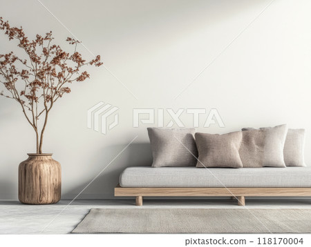 Minimalist living room interiors in neutral tones with natural lighting and elegant decor. Luxury interior design composition 118170004