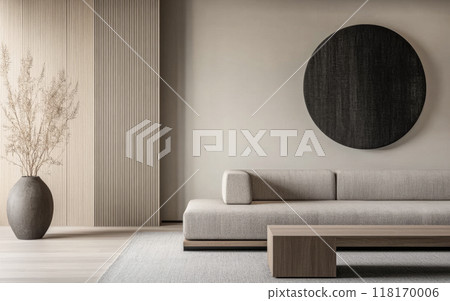 Minimalist living room interiors in neutral tones with natural lighting and elegant decor. Luxury interior design composition 118170006
