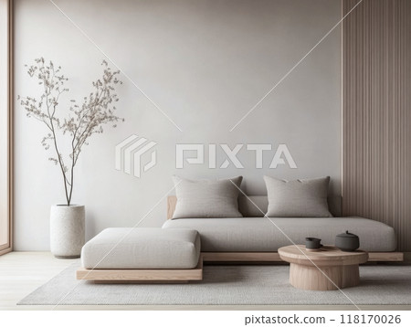 Minimalist living room interiors in neutral tones with natural lighting and elegant decor. Luxury interior design composition 118170026