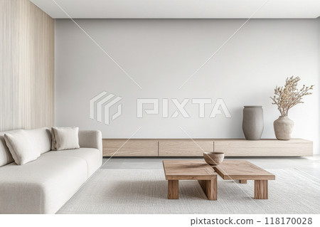 Minimalist living room interiors in neutral tones with natural lighting and elegant decor. Luxury interior design composition 118170028