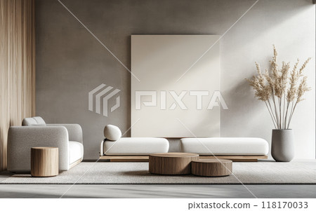 Minimalist living room interiors in neutral tones with natural lighting and elegant decor. Luxury interior design composition 118170033