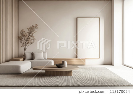 Minimalist living room interiors in neutral tones with natural lighting and elegant decor. Luxury interior design composition 118170034