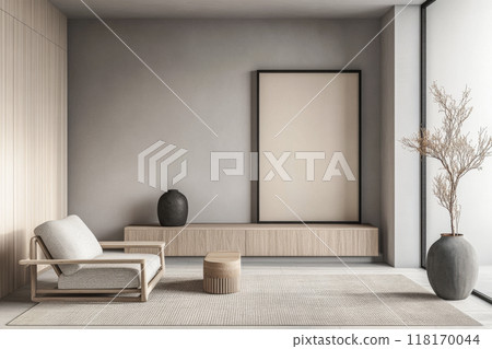 Minimalist living room interiors in neutral tones with natural lighting and elegant decor. Luxury interior design composition Minimalist living room interiors in neutral tones with natural lighting and elegant decor. Luxury interior design composition 118170044