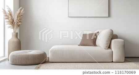 Scandinavian room interior design composition with a sofa, rug and a couch in soft tones 118170069