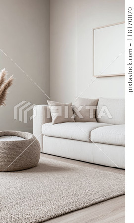 Scandinavian room interior design composition with a sofa, rug and a couch in soft tones 118170070