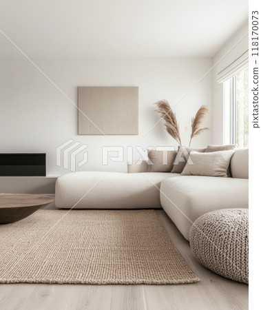 Scandinavian room interior design composition with a sofa, rug and a couch in soft tones 118170073