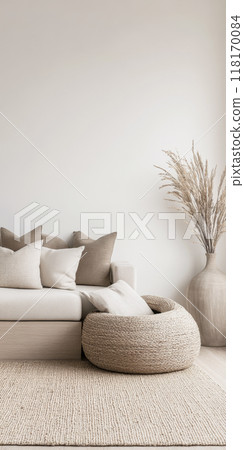 Scandinavian room interior design composition with a sofa, rug and a couch in soft tones 118170084