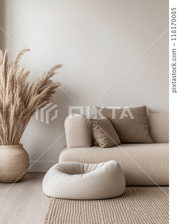 Scandinavian room interior design composition with a sofa, rug and a couch in soft tones 118170085