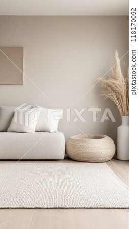 Scandinavian room interior design composition with a sofa, rug and a couch in soft tones 118170092