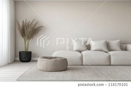 Scandinavian room interior design composition with a sofa, rug and a couch in soft tones Scandinavian room interior design composition with a sofa, rug and a couch in soft tones 118170101