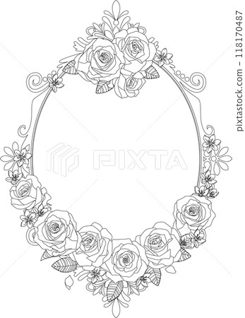 背景材質<花/玫瑰和蔥科尼古董框圓形/單色/線條圖> 背景材質<花/玫瑰和蔥科尼古董框圓形/單色/線條圖> 118170487