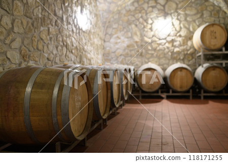 Wine cellar with oak barrels for aging wine. Traditional wine storage. 118171255