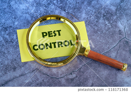 Pest control phrase written through a magnifying glass on a yellow card on an abstract blue background 118171368