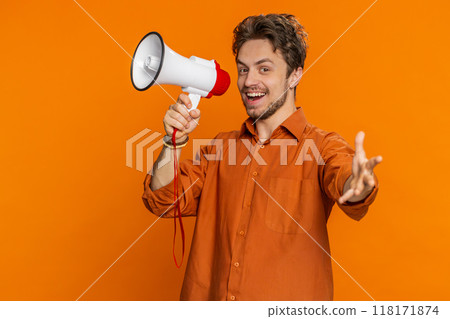 Caucasian man talking with megaphone proclaiming news loudly announcing advertisement discounts sale Caucasian man talking with megaphone proclaiming news loudly announcing advertisement discounts sale 118171874