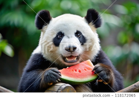 Cute cool panda eats ripe red watermelon 118172065