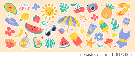 Cute diary journal summer stickers, daily planner labels with tropical vacation icons Cute diary journal summer stickers, daily planner labels with tropical vacation icons 118172066