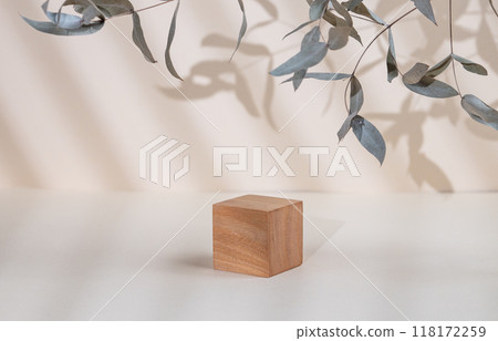 Abstract empty wooden cube with shadows and leaves on a beige background. Abstract empty wooden cube with shadows and leaves on a beige background. 118172259