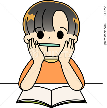 一個男孩靠著下巴學習 一個男孩靠著下巴學習 118172543