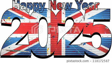 Happy New Year 2025 with United Kingdom flag inside Happy New Year 2025 with United Kingdom flag inside 118172587