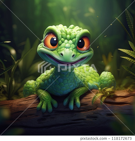 Vibrant green lizard with orange eyes perched on a lush jungle tree branch 118172673