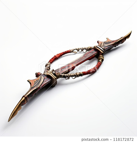 Intricately Designed Fantasy Bow Weapon with Red and Silver Color Scheme Isolated on White Background Intricately Designed Fantasy Bow Weapon with Red and Silver Color Scheme Isolated on White Background 118172872