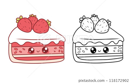 Cute piece of birthday cake set. Isolated colored and outline stroke baked with strawberries. Sweet kawaii cartoon character food. Line drawing, coloring book. Vector illustration. Kids collection. Cute piece of birthday cake set. Isolated colored and outline stroke baked with strawberries. Sweet kawaii cartoon character food. Line drawing, coloring book. Vector illustration. Kids collection. 118172902