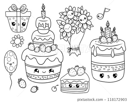 Holiday set. Cute kawaii cartoon character. Birthday festive cake with candles and strawberries, piece sweet dessert, bouquet flowers, balloon and gif. Isolated vector outline drawings, coloring book. 118172903