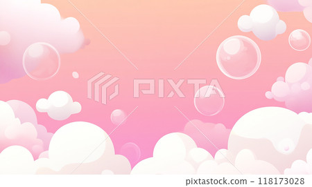 Cute background of pink soap bubbles and clouds 118173028