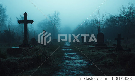 Foggy landscape of a cemetery 118173088