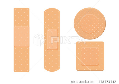 Medical plaster, strip. Breathable patch set. Firs aid tape, Different shapes. Recovery tape isolated on white background Medical plaster, strip. Breathable patch set. Firs aid tape, Different shapes. Recovery tape isolated on white background 118173142