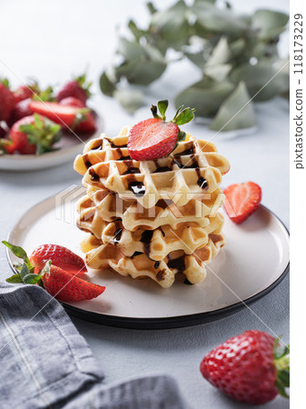 Homemade soft waffles with fresh strawberries and chocolate topping in a stack in a plate  118173229