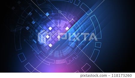 Abstract technological illustration with neon lights on a dark blue gradient background. This vector was hand drawn. Abstract technological illustration with neon lights on a dark blue gradient background. This vector was hand drawn. 118173260