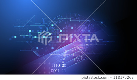 Abstract technological illustration with neon lights on a dark blue gradient background. This vector was hand drawn. Abstract technological illustration with neon lights on a dark blue gradient background. This vector was hand drawn. 118173262