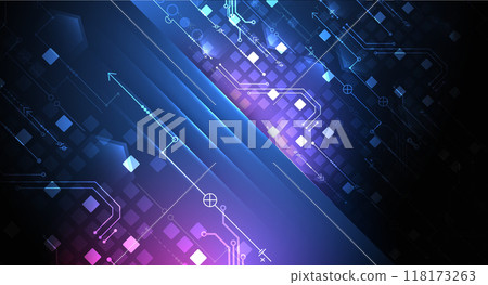 Abstract technological illustration with neon lights on a dark blue gradient background. This vector was hand drawn. 118173263